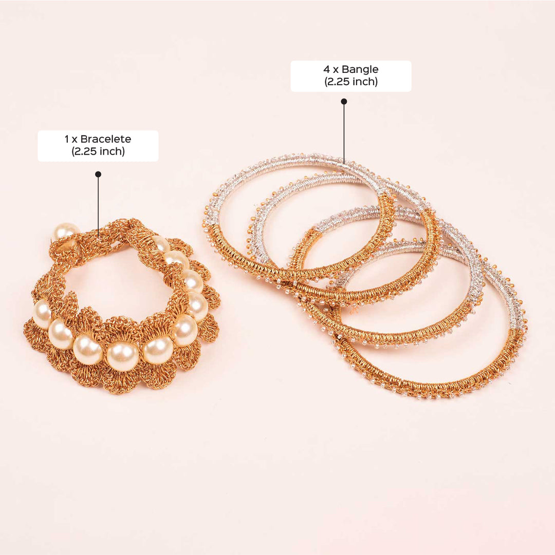 Handmade Crochet Bhommi Gold And Silver Bangles Set | Includes 4 Bangles And 1 Bracelete