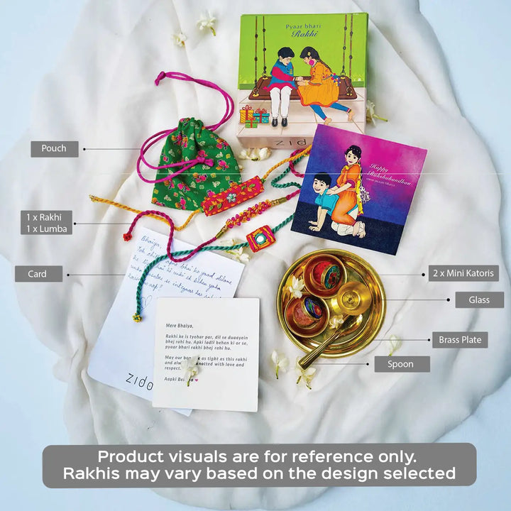 Handmade Embroidered And Beaded Pom Pom Toli And Laddoo Rakhi With Roli Chawal Set Of 2 - Complete Rakhi Gift Set Layout