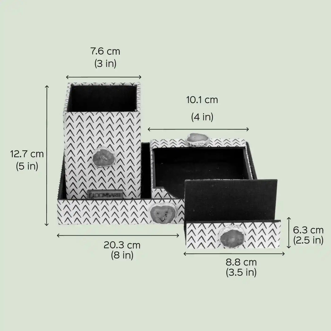 Black And White Cotton Fabric Coated MDF Desk Organiser Set With Agate Accents