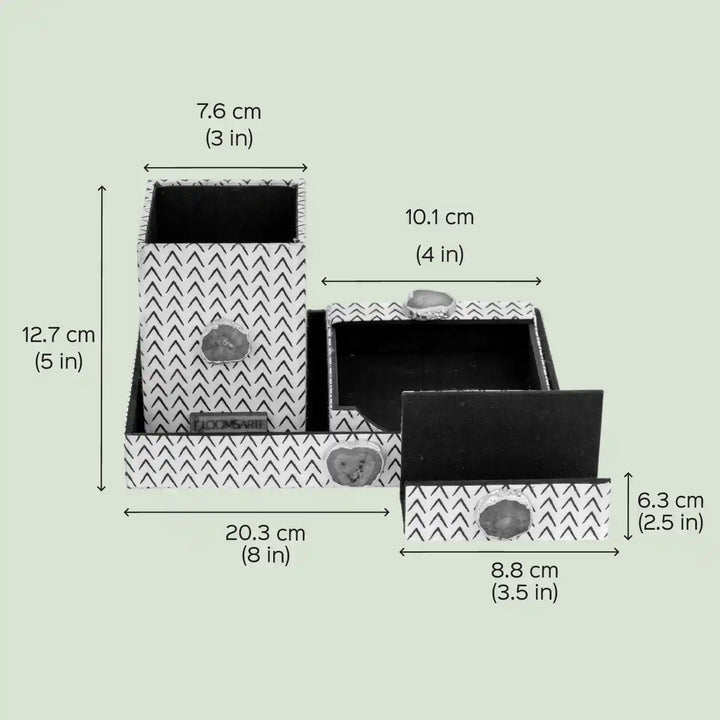 Black And White Cotton Fabric Coated MDF Desk Organiser Set With Agate Accents