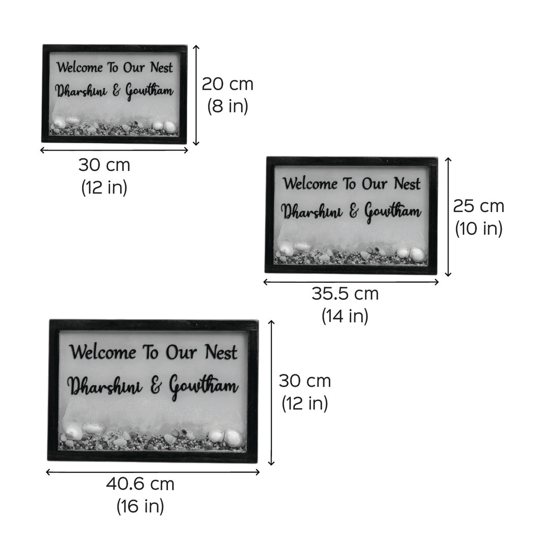 Personalized Beach Theme Resin Name Plate For Couples - Dimension Chart with Size Variations