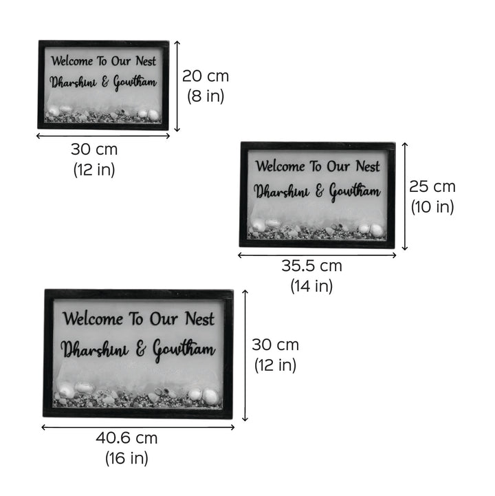 Personalized Beach Theme Resin Name Plate For Couples - Dimension Chart with Size Variations