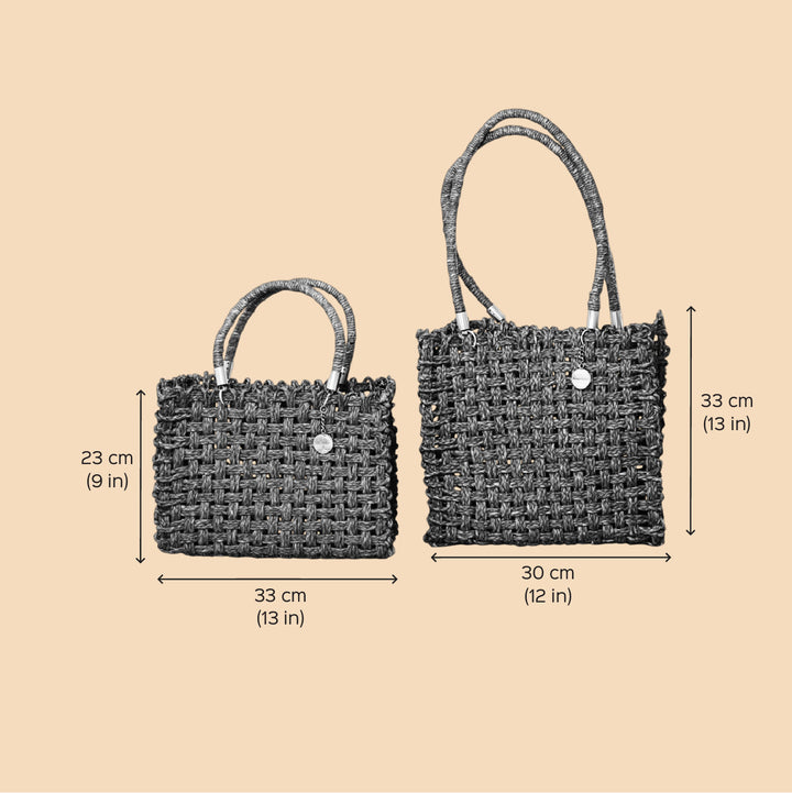 Handmade Grass Woven Vegan Wrapped Rope Handles With Metal Accents Indigo Sabai Mesh Handbag