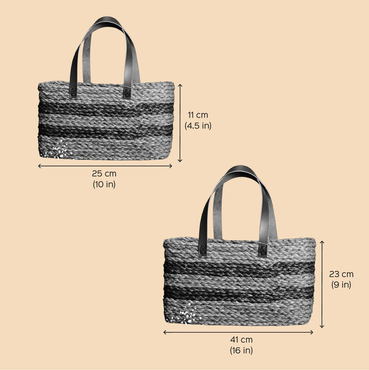 Handmade Grass Woven Single Brown And Indigo Horizontal Stripped Sabai Mesh Handbag