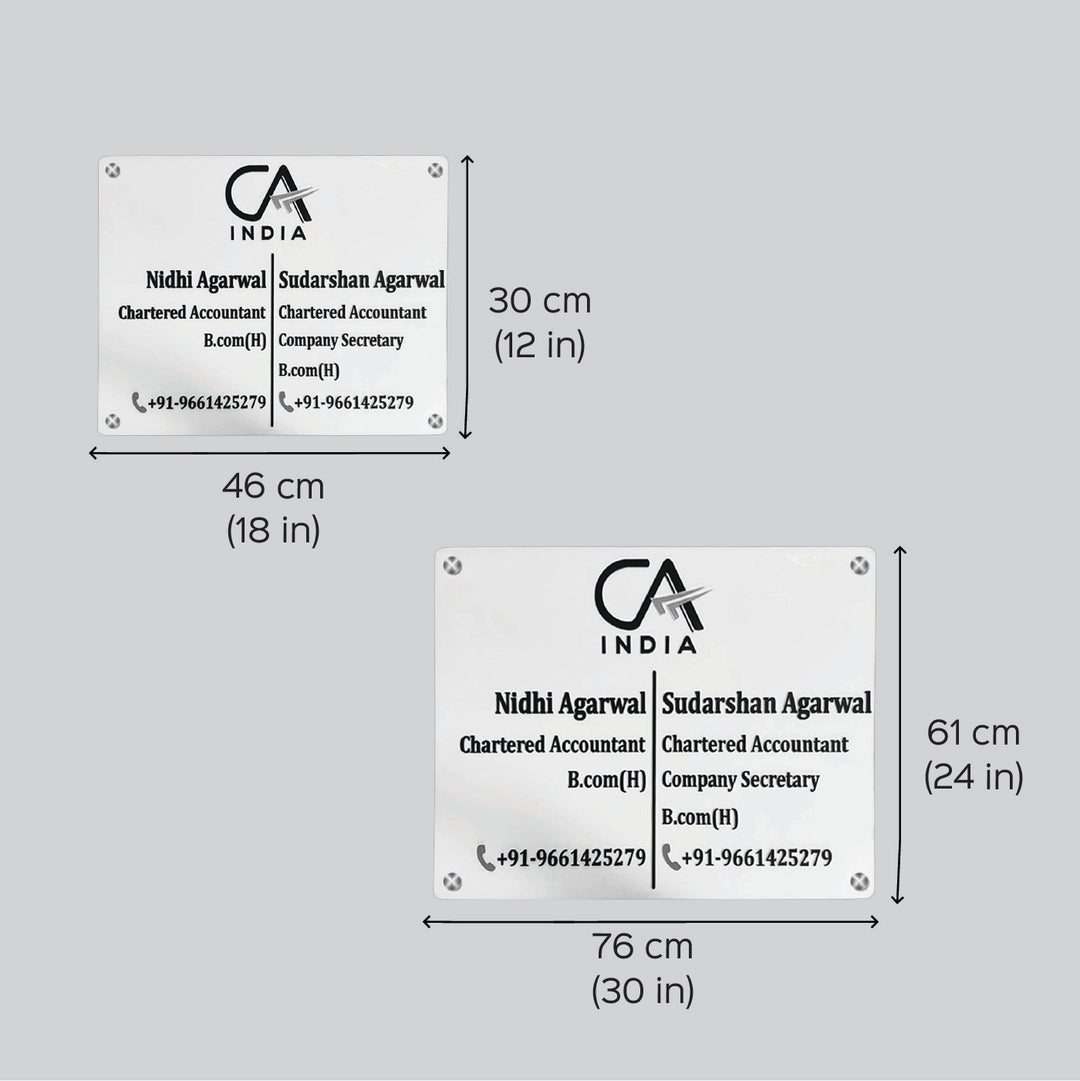 Personalized Waterproof Chartered Accountant Acrylic Name Plate - Dimension Chart with Two Sizes