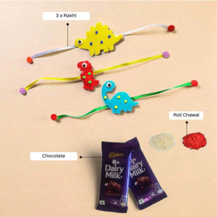 Handmade Dinosaur Theme Felt Rakhi Set Of 3 - Labeled Product Components