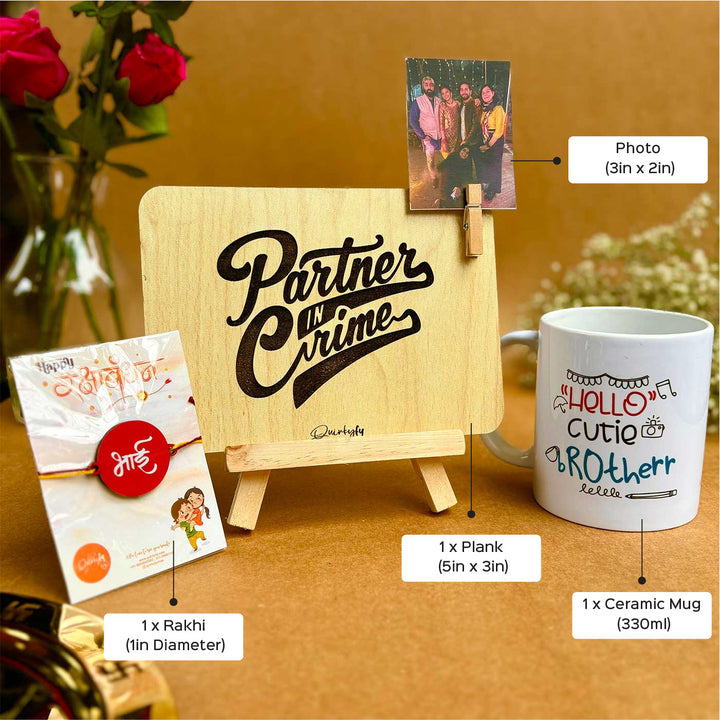 Photo Personalized Printed Cute Rakhi Hamper For Brother Includes 1 Plaque 1 Rakhi And 1 Mug New - Product Dimensions with Labels