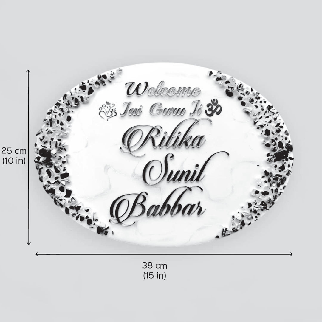Personalized White Floral Theme Oval Resin And Acrylic Waterproof Name Plate - Dimension Chart with Personalized Text