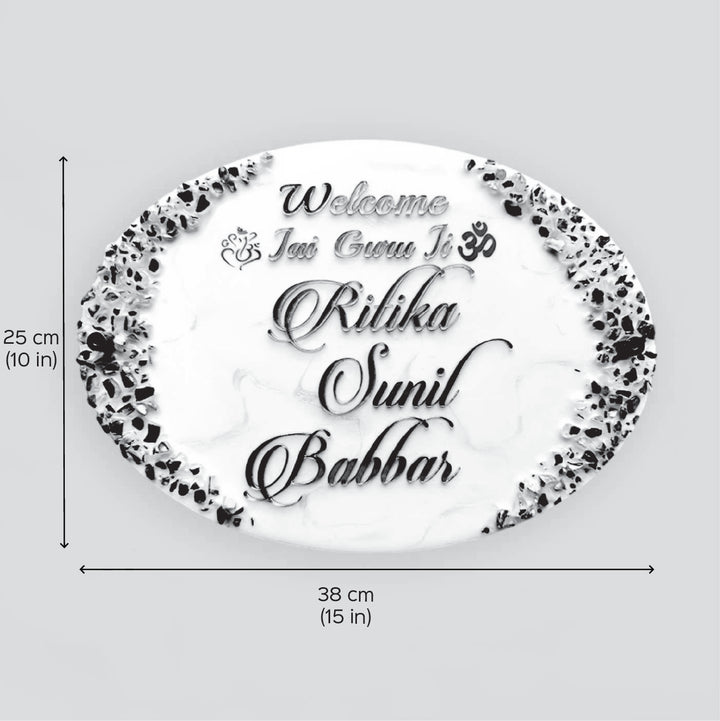 Personalized White Floral Theme Oval Resin And Acrylic Waterproof Name Plate - Dimension Chart with Personalized Text
