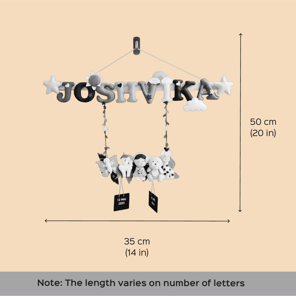 Personalized Boys Jungle Theme Felt Kids Name Plate - Front View with Dimensions