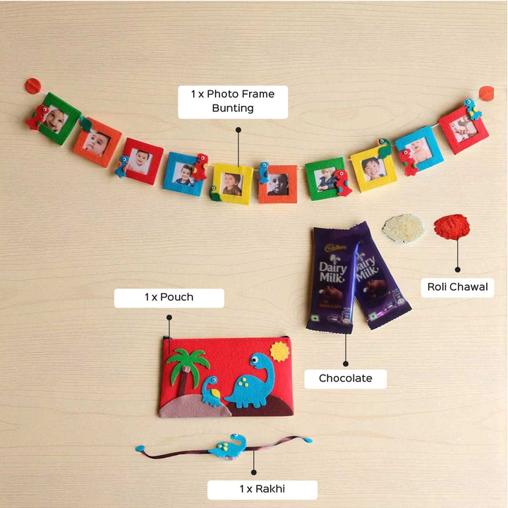 Handmade Dinosaur Theme Felt Rakhi And Gift Combo Includes 1 Rakhi 1 Photo Bunting And 1 Pouch - Labeled Product Components Layout