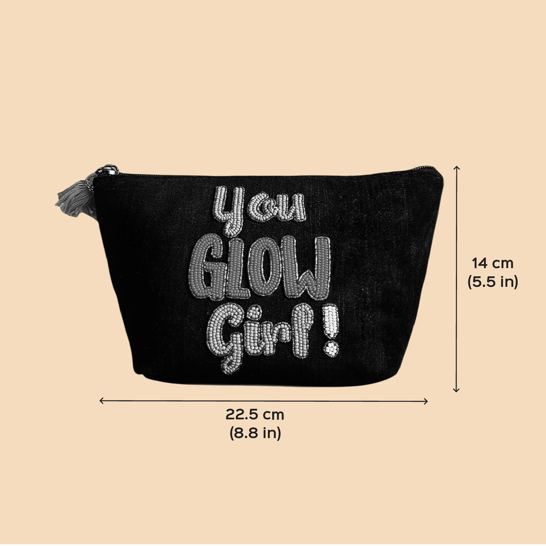 Personalized Handmade Embroidered Blue And Pink Velvet Pouch