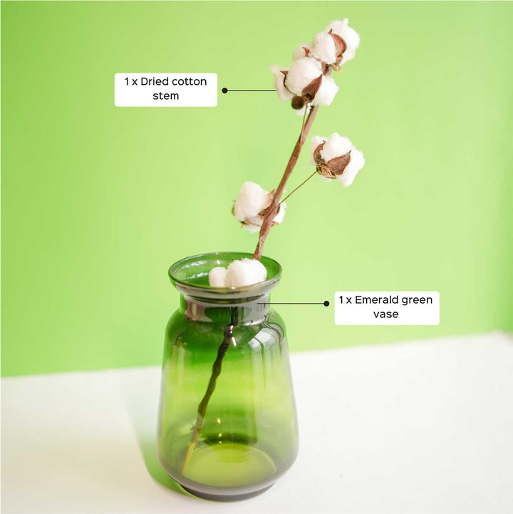 Handmade Emerald Green Glass Vase With Cotton Stem