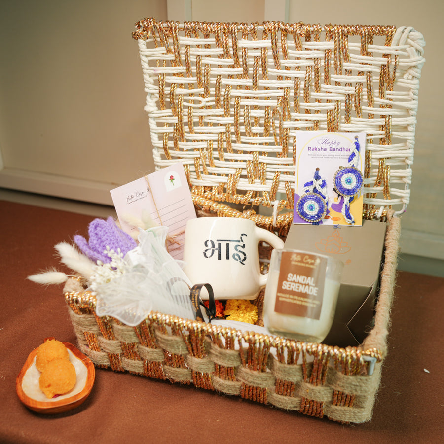 Personalized Handmade Crochet Evil Eye Theme Rakhi Hamper Includes 1 Basket 1 Mug 1 Candle 1 Crochet Flower 2 Rakhis 1 Roli Chawal And 1 Message Card - Gift Basket with Contents Display