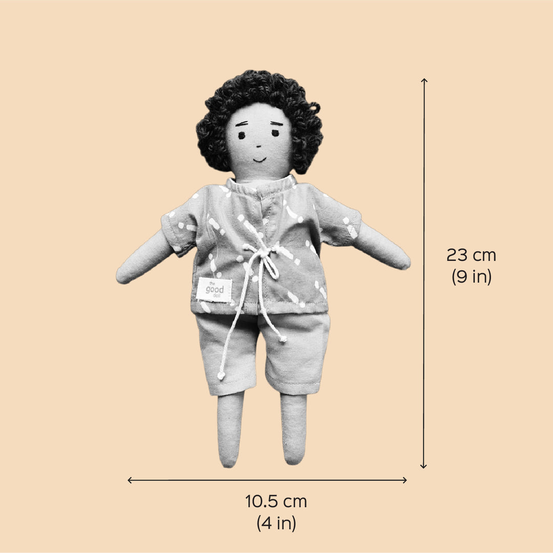 Nilah's (Younger Brother) Raagu In Shirt & Pant | Soft Hand-Stitched Sustainable Indian Play Doll