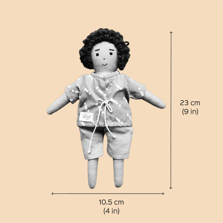 Nilah's (Younger Brother) Raagu In Shirt & Pant | Soft Hand-Stitched Sustainable Indian Play Doll
