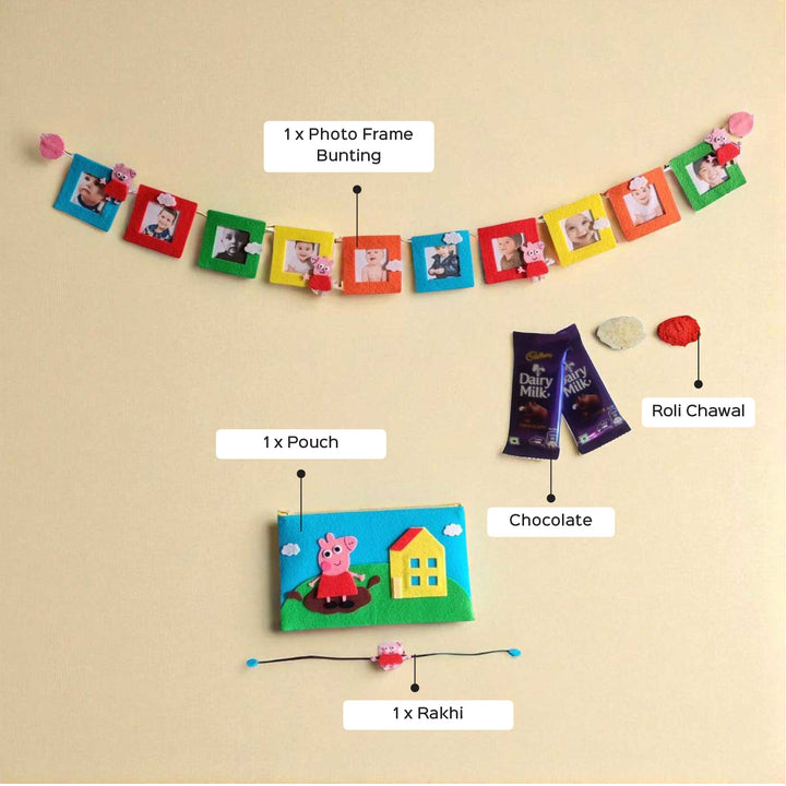 Handmade Peppa Pig Theme Felt Rakhi And Gift Combo Includes 1 Rakhi 1 Photo Bunting And 1 Pouch - Labeled Product Components