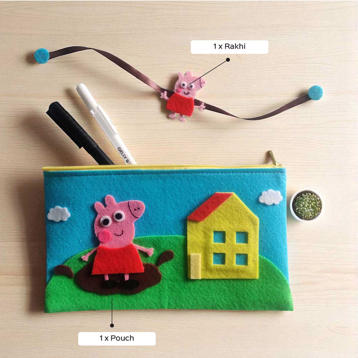 Handmade Peppa Pig Theme Felt Rakhi Hamper Includes 1 Rakhi And 1 Pouch - Contents Detail with Labels