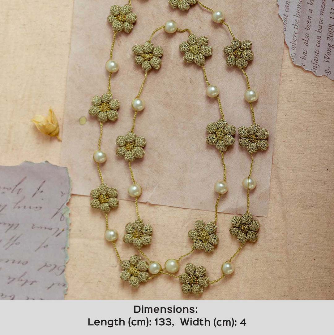 Handmade Crochet Gold Gulnaar Daisy Pearl String Necklace