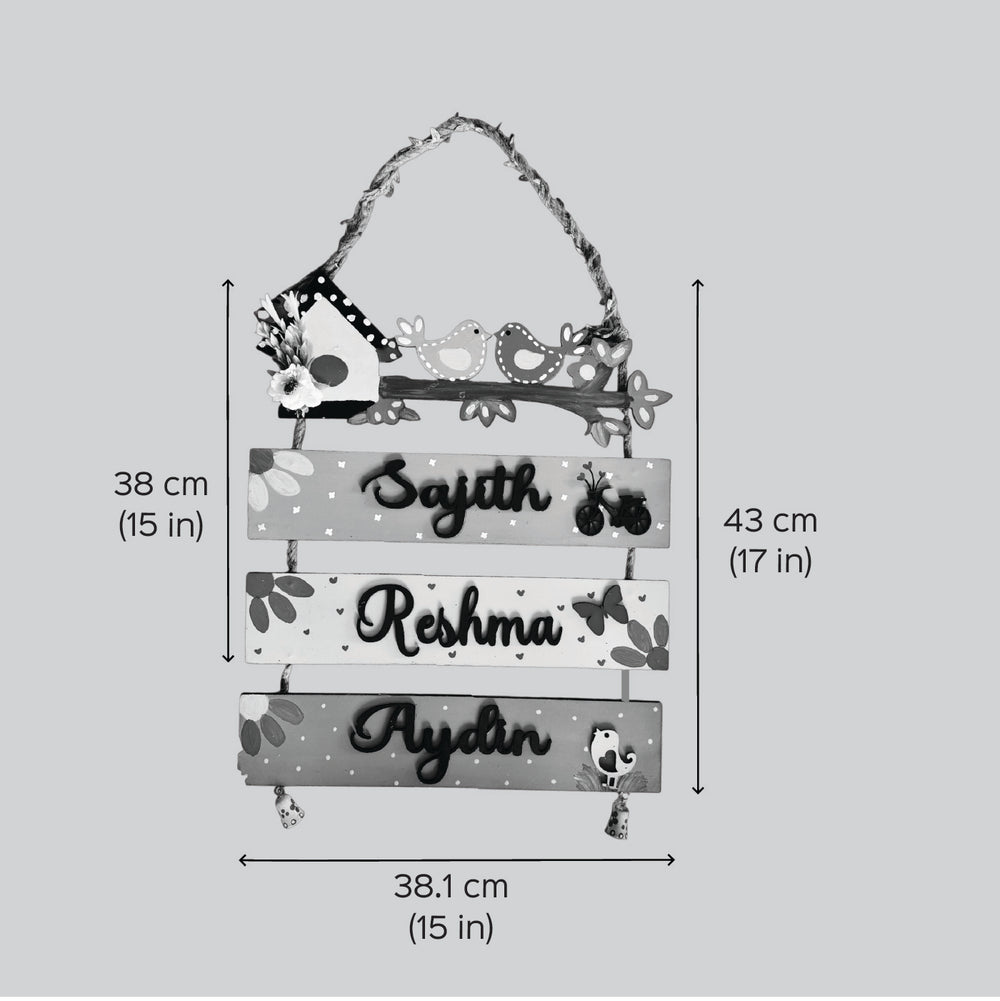 Personalized Birds Themed Planks Mdf Wood Name Plate - Dimension Chart with Names
