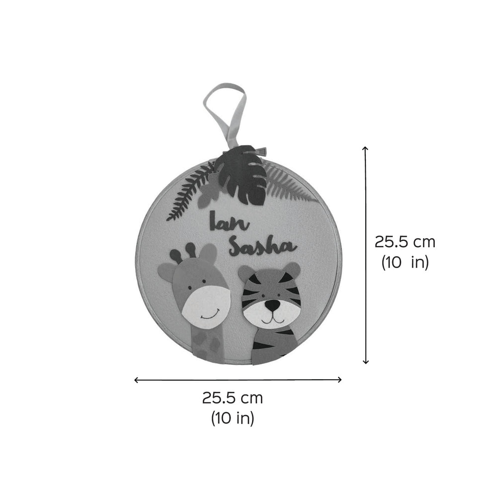 Personalized Handmade Brother And Sister On Seesaw Felt Hoop Name Plate For Siblings - Front View with Dimensions