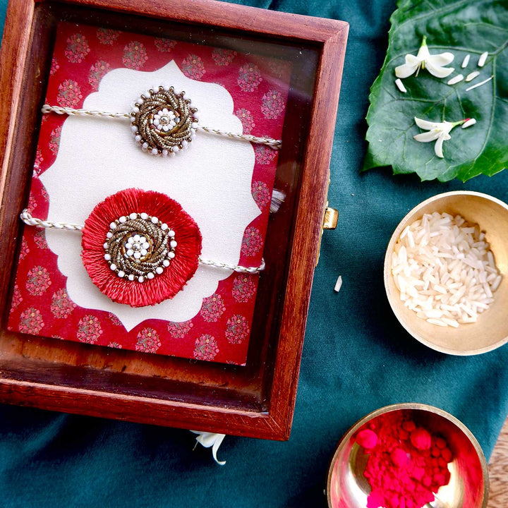 Handmade Zardozi Mustard And White Bead Work Rakhi With Wooden Box And Roli Chawal Set Of 2 - Display in Wooden Glass Box