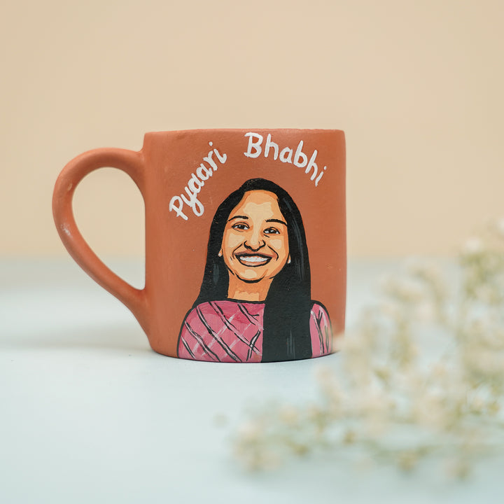 Photo Personalized Handmade Pyaari Bhabhi Theme Terracotta Mug - Front Angle of Custom Mug