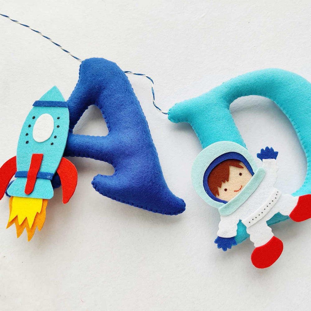 Handcrafted Personalized Astronaut Theme Felt Bunting - Hanging Alphabet Garland Close-up