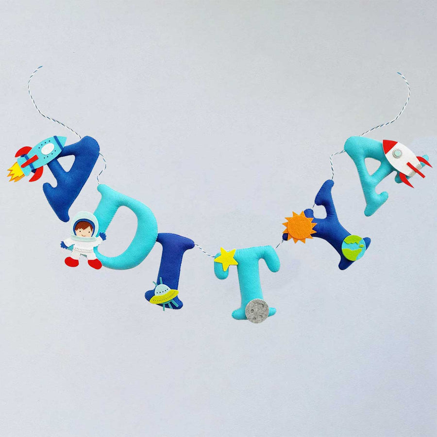 Handcrafted Personalized Astronaut Theme Felt Bunting - Hanging Name Garland Display View