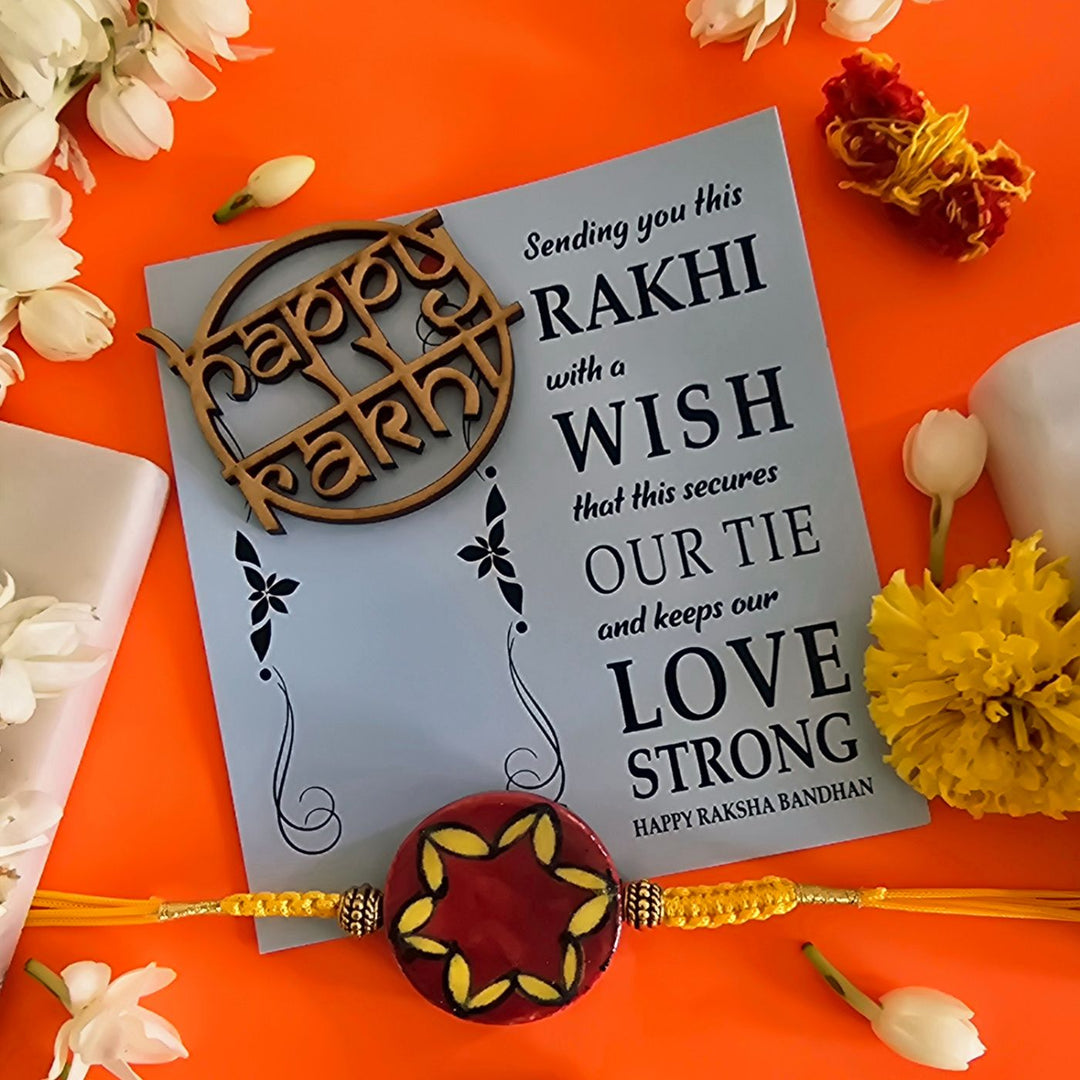 Handmade Red Florwer Design Ceramic Rakhi With Roli Chawal For Brother - Raksha Bandhan gift set display