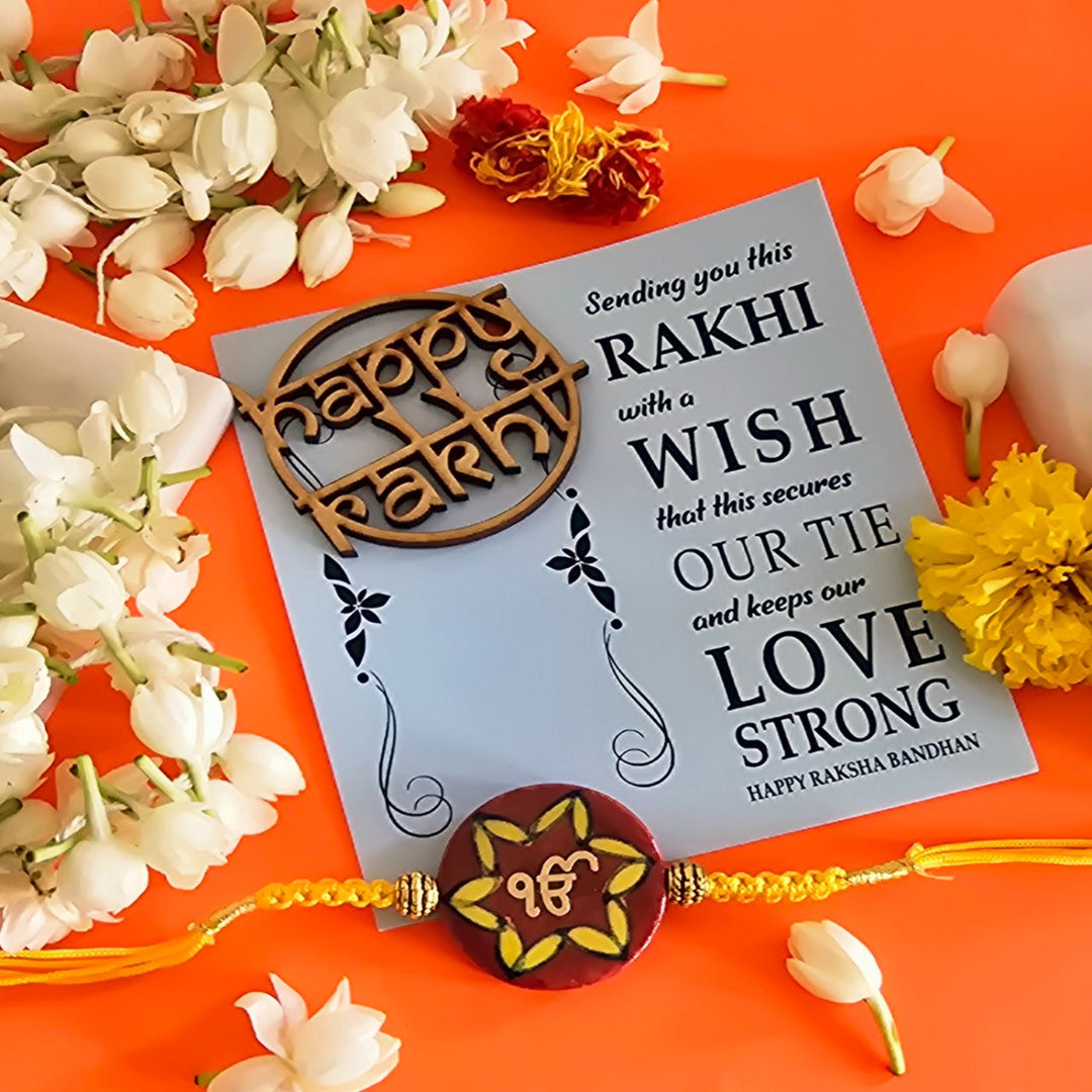 Handmade Laser Cut Red Ik Onkar Ceramic Rakhi With Roli Chawal For Brother - Gift Set Display with Card