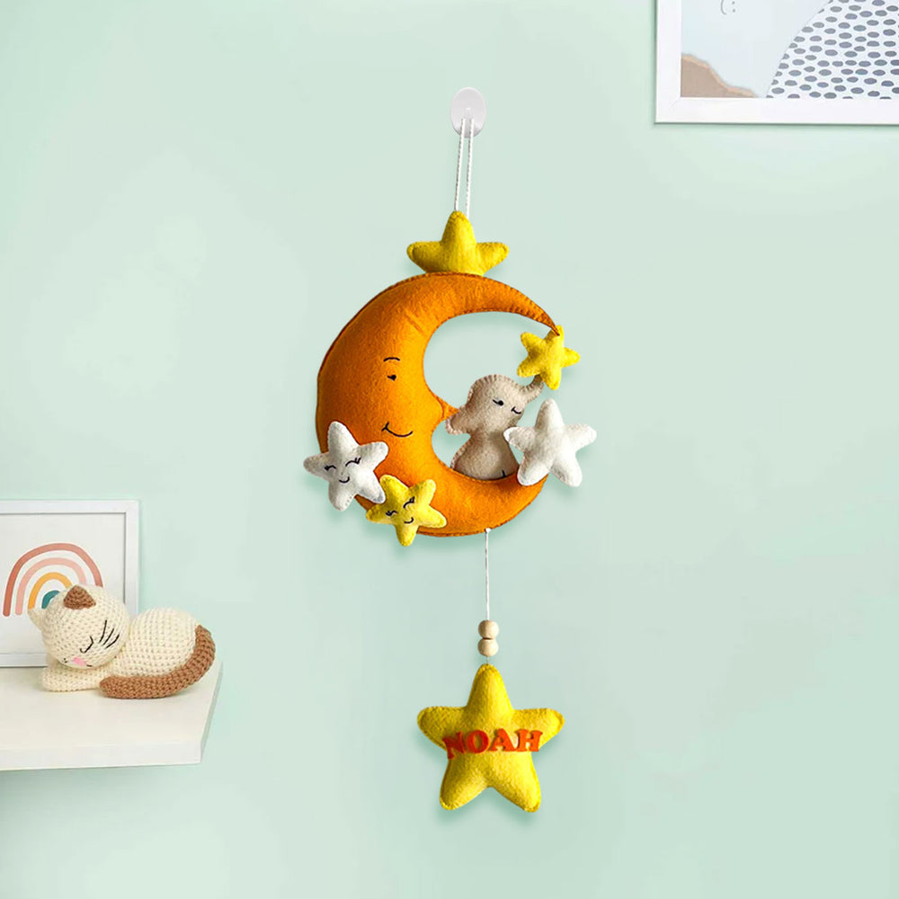 Personalized Baby Ellie On A Moon Theme Felt Kids Name Plate - Hanging on Wall Hook Close-up
