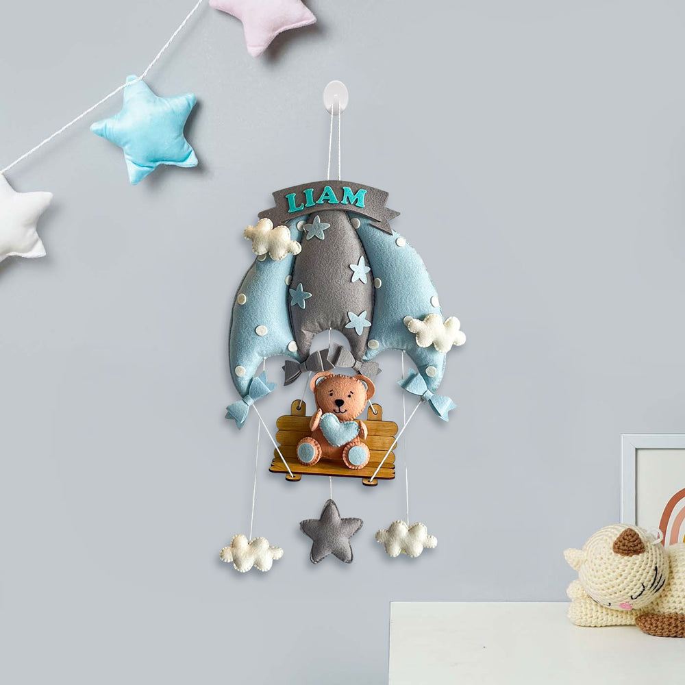 Personalized Blue Teddy On A Swing Theme Felt Kids Name Plate - Hanging View with Name Personalization