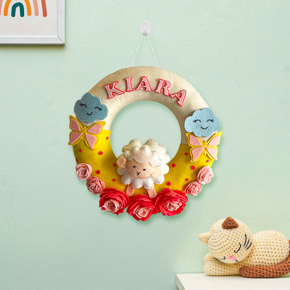 Personalized Daisy Sheep Theme Felt Kids Name Plate - Hanging on Hook with Personalization