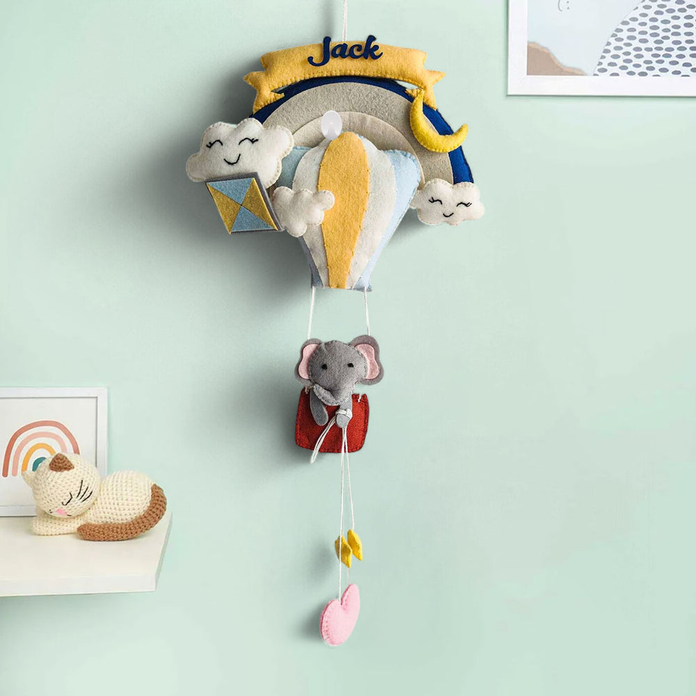 Personalized Ellie In A Hot Air Balloon Theme Felt Kids Name Plate - Hanging Display with Name Personalization