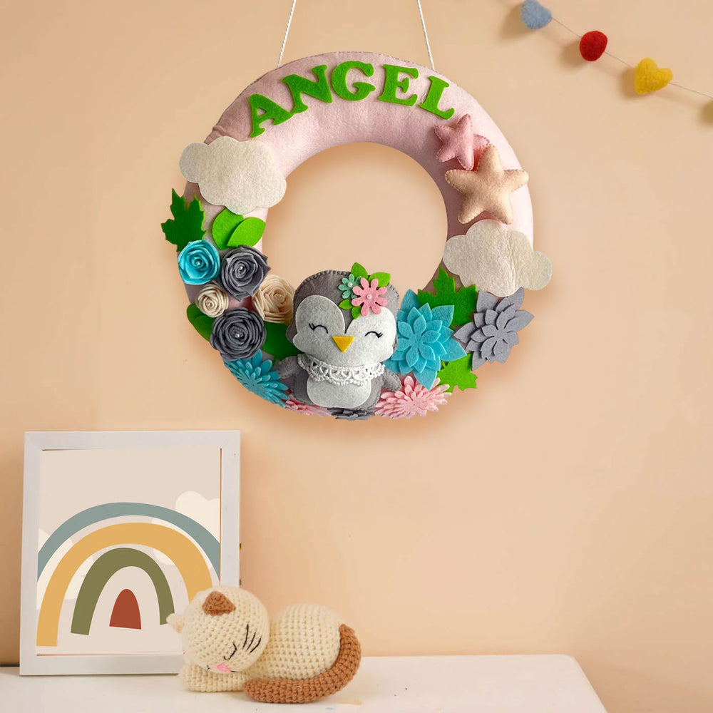 Personalized Penguin Parade Theme Felt Kids Name Plate - Front View Hanging on String
