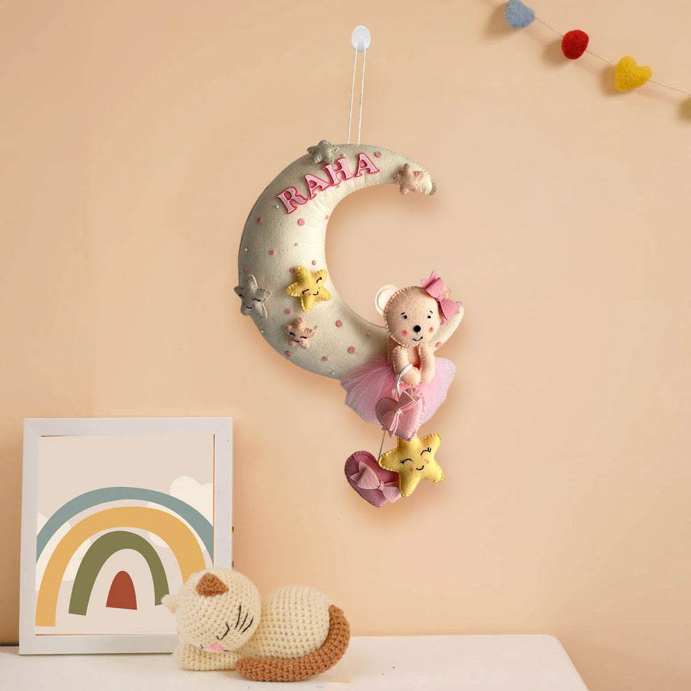 Personalized Pink Teddy On A Moon Theme Felt Kids Name Plate - Hanging Front View with Name Personalization
