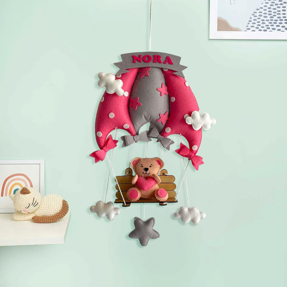 Personalized Pink Teddy On A Swing Theme Felt Kids Name Plate - Hanging with Name Personalization