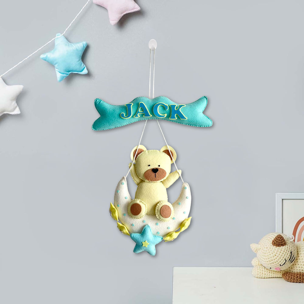 Personalized Teddy On A Moon Theme Felt Kids Name Plate - Hanging with Name Personalization