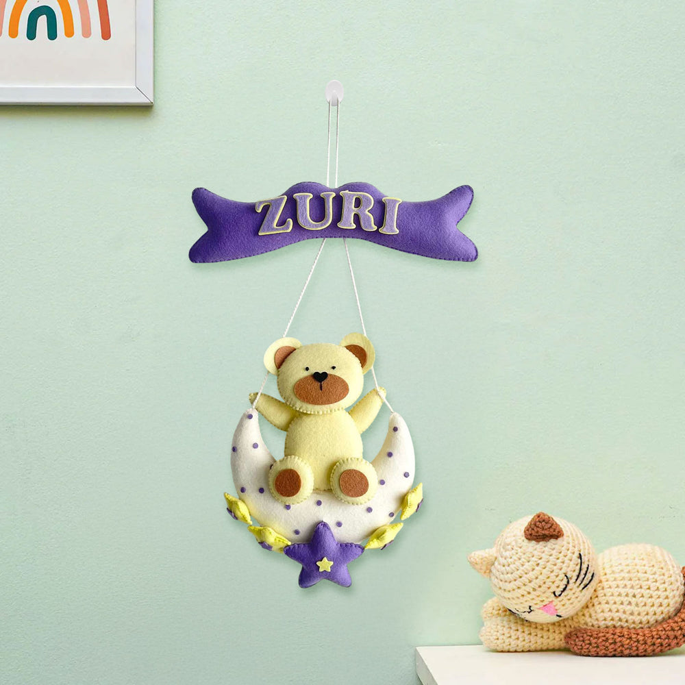 Personalized Teddys Starry Moon Theme Felt Kids Name Plate - Hanging on Wall Hook Display