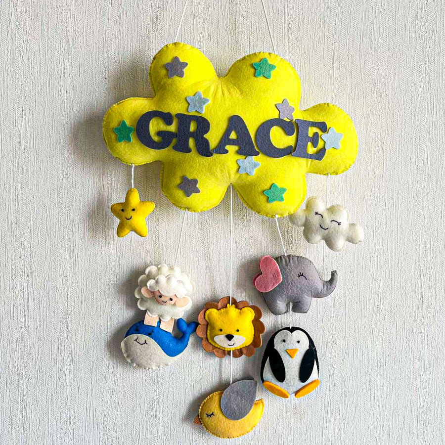 Personalized Animals Team Theme Felt Kids Name Plate - Hanging Wall Mobile with Name Personalization