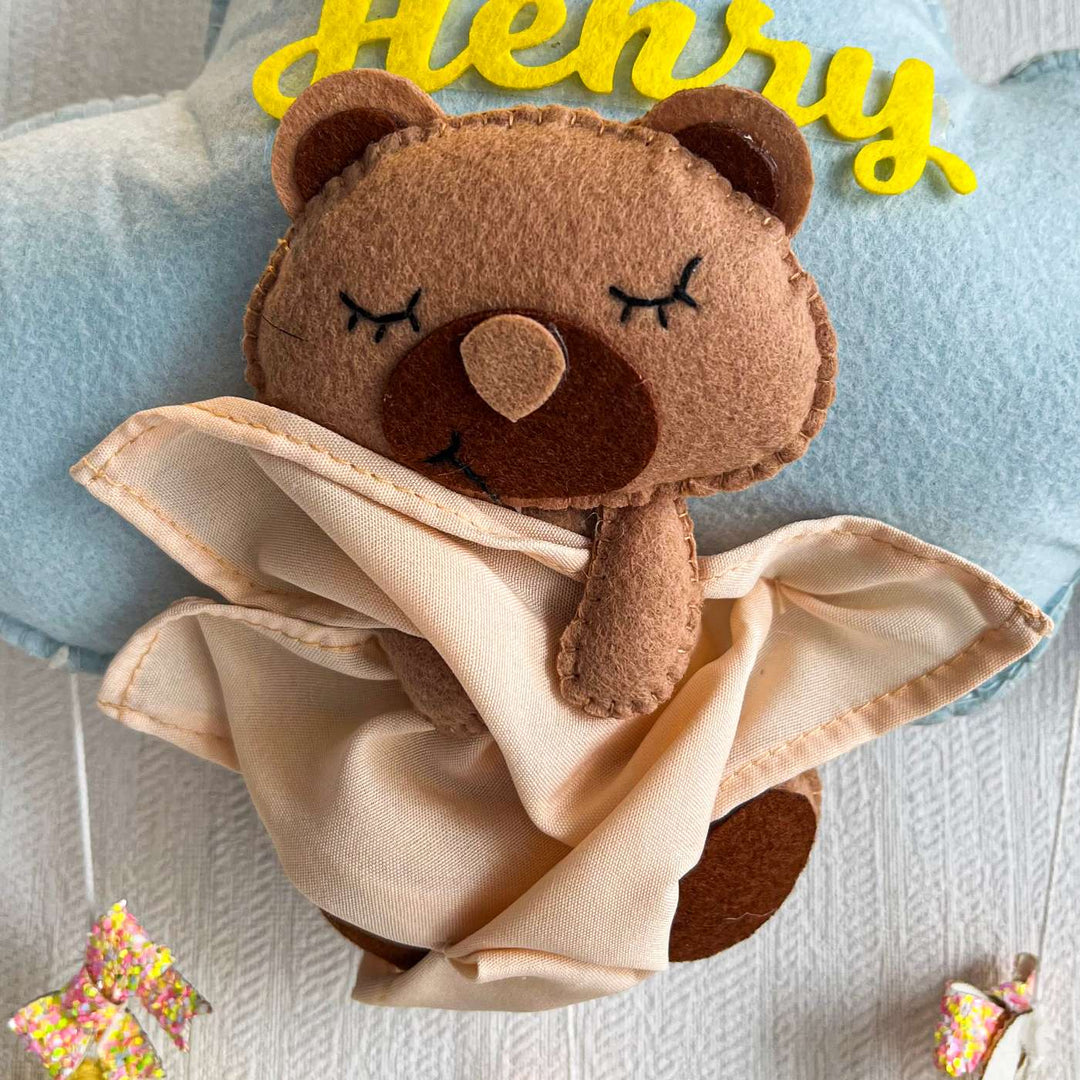 Personalized Bear Hugs Blanket Theme Felt Kids Name Plate - Close-up of Plush Bear Detail