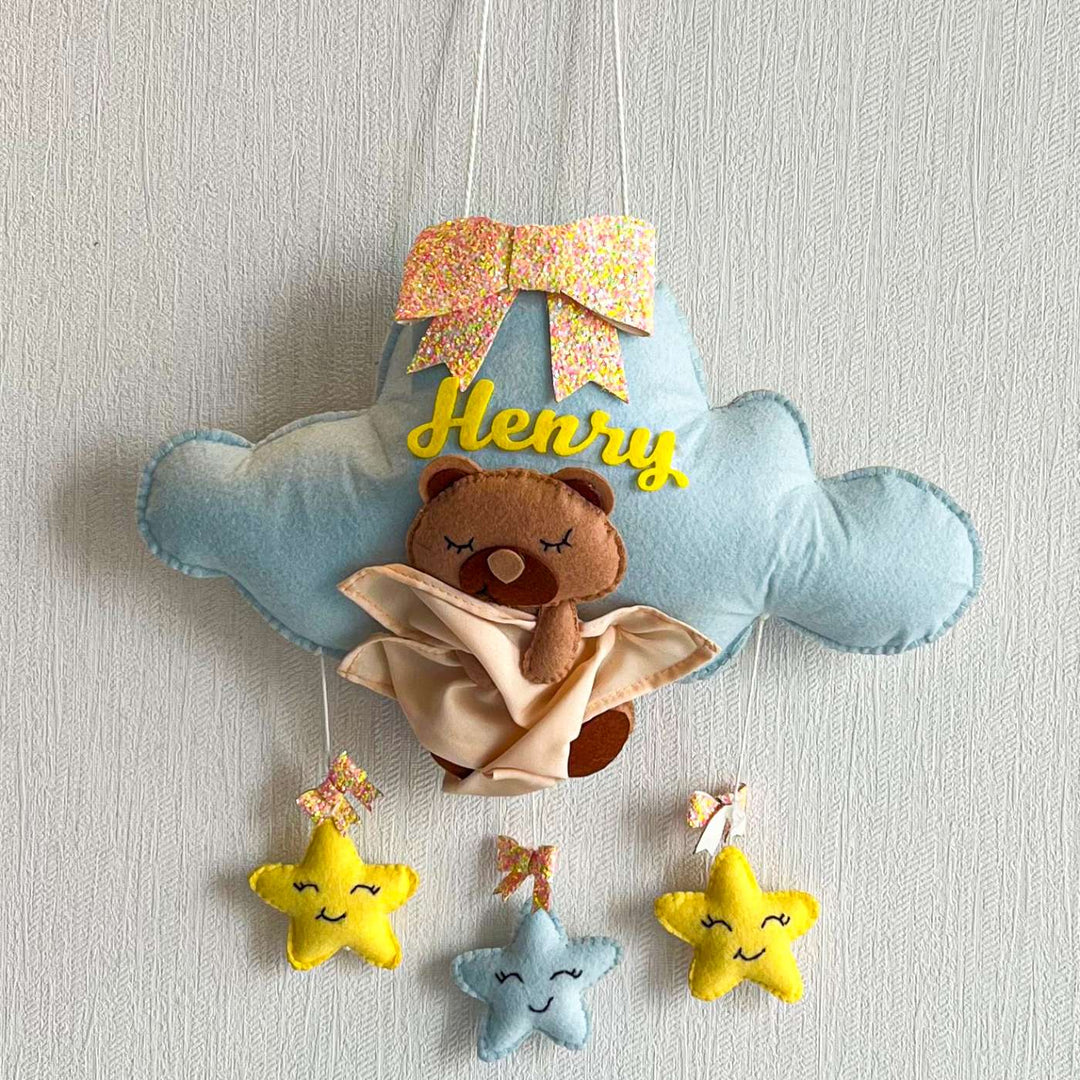 Personalized Bear Hugs Blanket Theme Felt Kids Name Plate - Front View Hanging on Wall