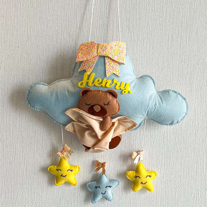 Personalized Bear Hugs Blanket Theme Felt Kids Name Plate - Front View Hanging on Wall
