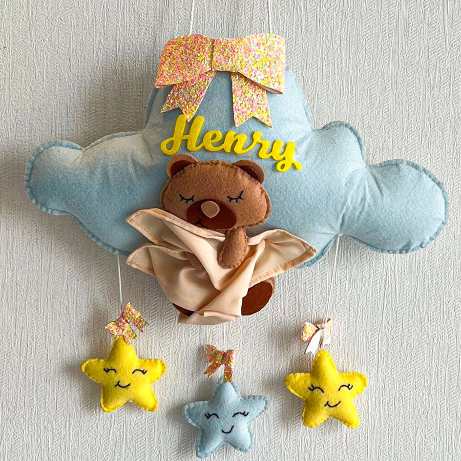Personalized Bear Hugs Blanket Theme Felt Kids Name Plate - Hanging Mobile Front View