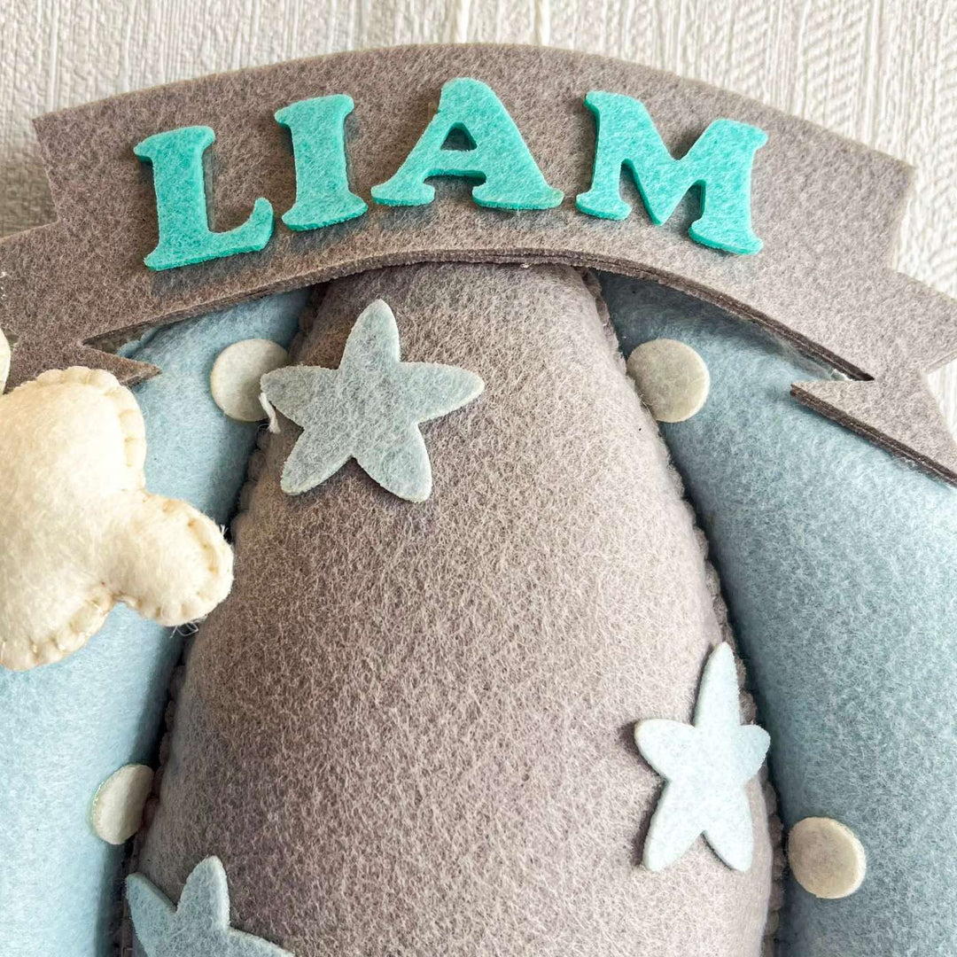 Personalized Blue Teddy On A Swing Theme Felt Kids Name Plate - Name Personalization Close-up