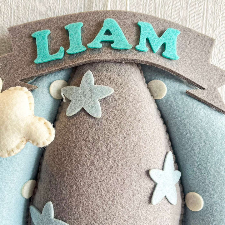 Personalized Blue Teddy On A Swing Theme Felt Kids Name Plate - Name Personalization Close-up