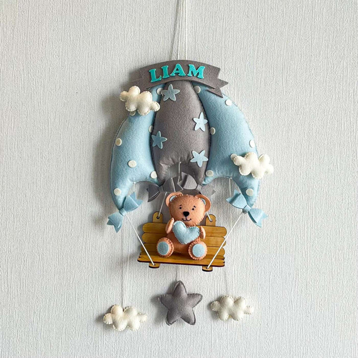 Personalized Blue Teddy On A Swing Theme Felt Kids Name Plate - Hanging Front View with Personalization