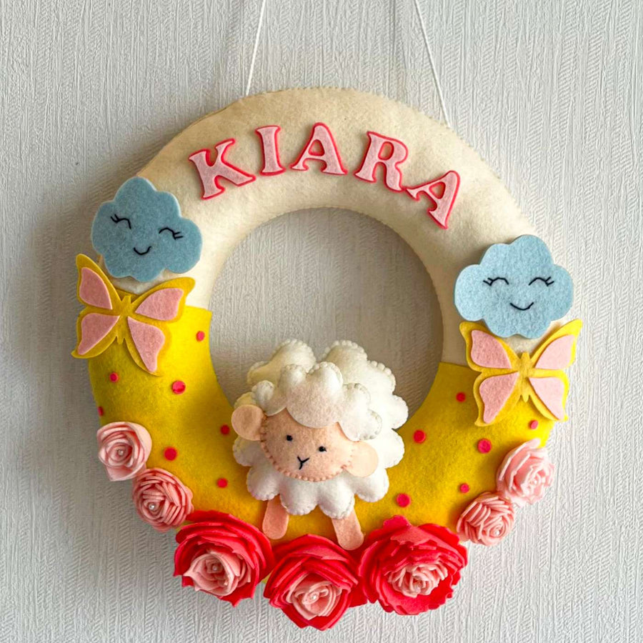 Personalized Daisy Sheep Theme Felt Kids Name Plate - Front View with Name Personalization