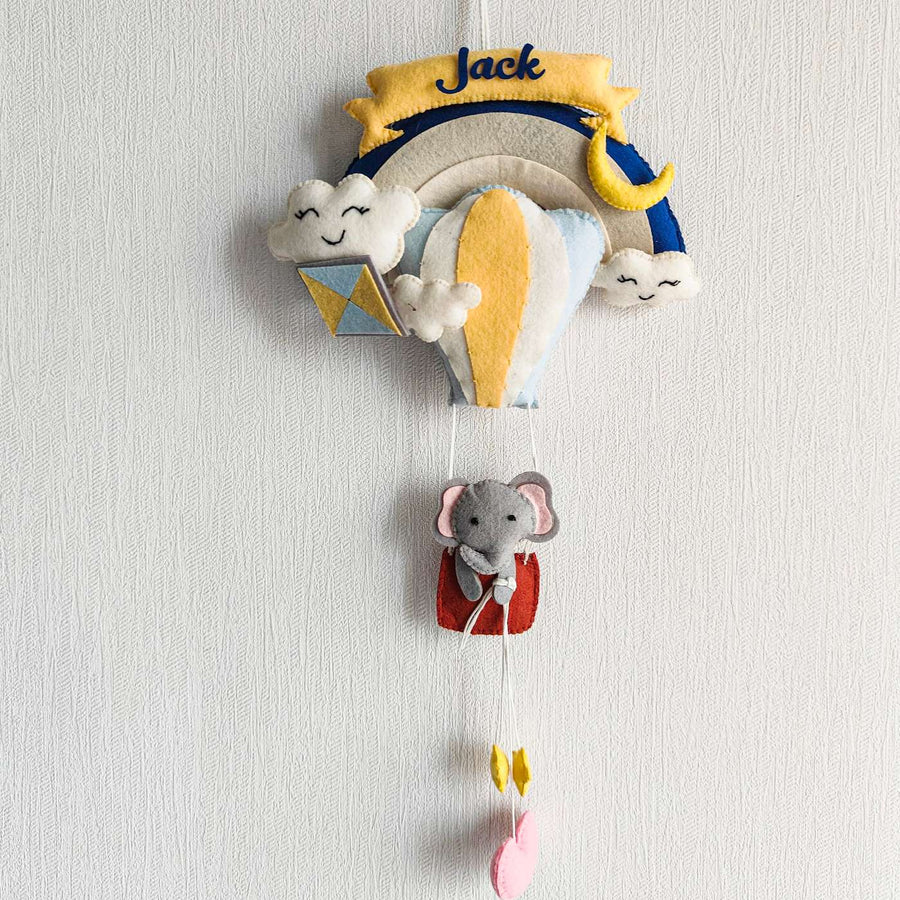 Personalized Ellie In A Hot Air Balloon Theme Felt Kids Name Plate - Hanging Wall Decoration Front View